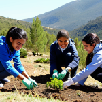 A diverse group of Spanish students, including teenagers and young adults, fully clothed in modest outdoor attire and sturdy work gloves, actively participating in a reforesting project. They are carefully planting small trees in a sunlit natural landscape, reminiscent of the Sierra de Guadarrama, with rolling hills and distant mountains. An adult mentor, professionally dressed in practical outdoor gear, stands nearby, offering guidance. The atmosphere is collaborative and hopeful. Shot with natural light, professional photography, perfect anatomy, correct proportions, natural poses, well-formed hands, proper finger count, natural body proportions, safe for work, appropriate content, family-friendly, high quality, highly detailed.