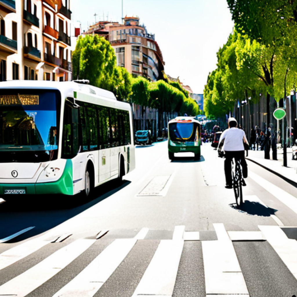 Sustainable Urban Mobility in Barcelona**
"A vibrant scene showcasing sustainable urban mobility in Barcelona. Focus on a modern electric bus navigating a pedestrian-friendly street with dedicated bicycle lanes. Include diverse individuals cycling, walking, and waiting at a bus stop. The architecture should reflect Barcelona's unique style (Gaudi-esque buildings in the background). Emphasize green spaces and trees lining the street. Photo-realistic, bright sunny day, high resolution, clear details, showcasing a forward-thinking and eco-conscious urban environment." safe for work, appropriate content, fully clothed, professional.
**