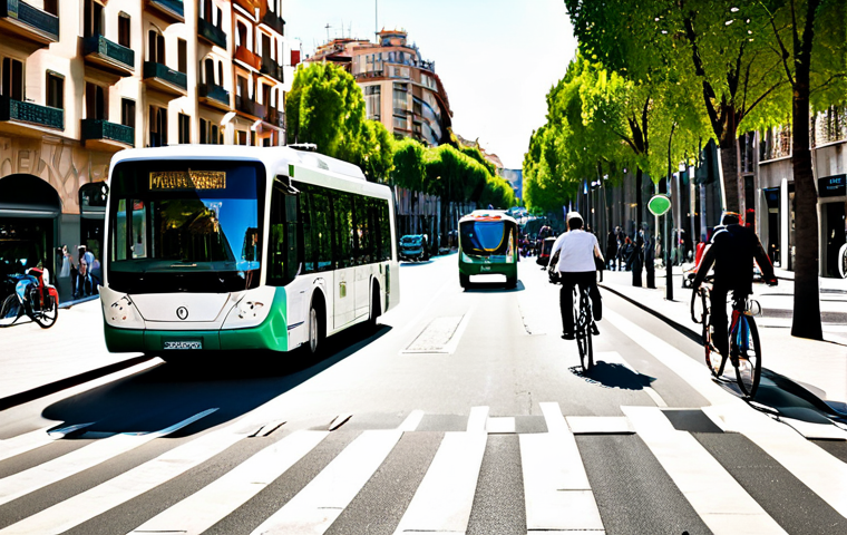Sustainable Urban Mobility in Barcelona**
"A vibrant scene showcasing sustainable urban mobility in Barcelona. Focus on a modern electric bus navigating a pedestrian-friendly street with dedicated bicycle lanes. Include diverse individuals cycling, walking, and waiting at a bus stop. The architecture should reflect Barcelona's unique style (Gaudi-esque buildings in the background). Emphasize green spaces and trees lining the street. Photo-realistic, bright sunny day, high resolution, clear details, showcasing a forward-thinking and eco-conscious urban environment." safe for work, appropriate content, fully clothed, professional.
**