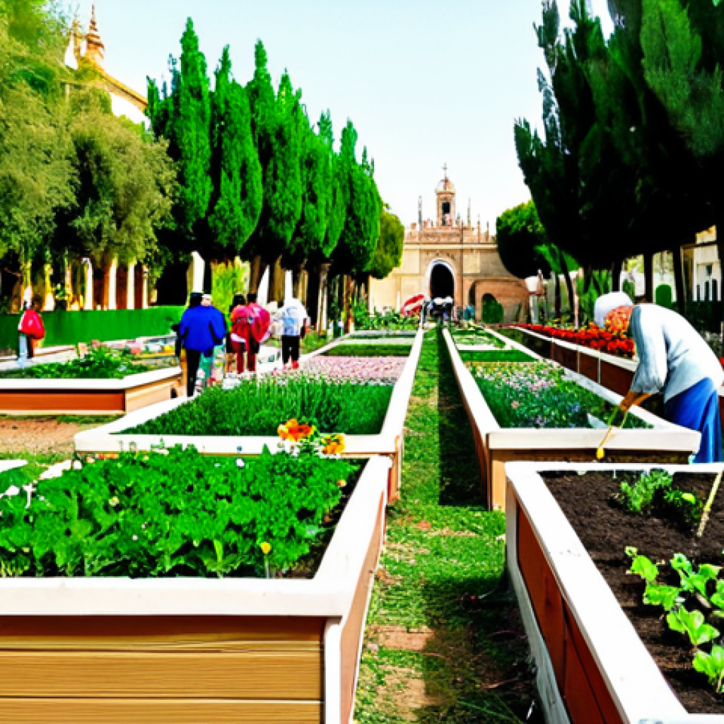 Community Garden in Seville**
"A vibrant community garden in Seville, Spain, filled with people of all ages tending to plants in raised beds. Lush greenery, colorful flowers, and traditional Andalusian architecture visible in the background. People are fully clothed in casual, modest clothing suitable for gardening. Safe for work, appropriate content, family-friendly, perfect anatomy, natural proportions, professional photography, high quality."
**