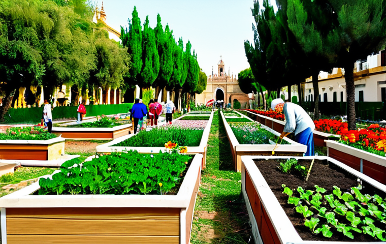 Community Garden in Seville**
"A vibrant community garden in Seville, Spain, filled with people of all ages tending to plants in raised beds. Lush greenery, colorful flowers, and traditional Andalusian architecture visible in the background. People are fully clothed in casual, modest clothing suitable for gardening. Safe for work, appropriate content, family-friendly, perfect anatomy, natural proportions, professional photography, high quality."
**