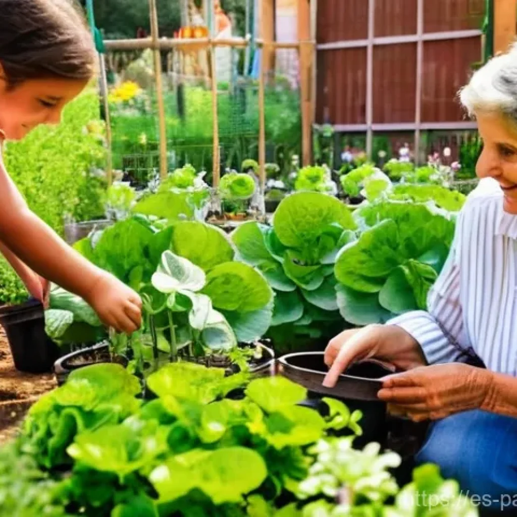 기후 변화에 대한 시민의 인식 개선 전략 - **Intergenerational Urban Gardening in Spain:**
A vibrant and heartwarming scene unfolds in a fl...