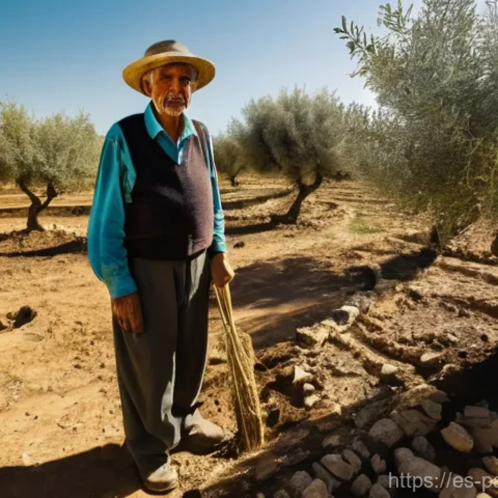 기후 위기와 농촌 지역의 대응 모델 - **Prompt:** A cinematic, wide-angle shot depicting an elderly Spanish farmer, with a weathered but d...