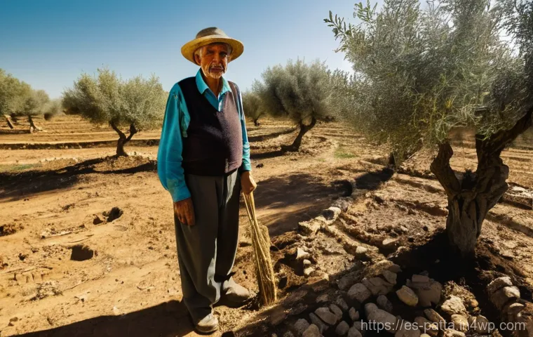 기후 위기와 농촌 지역의 대응 모델 - **Prompt:** A cinematic, wide-angle shot depicting an elderly Spanish farmer, with a weathered but d...