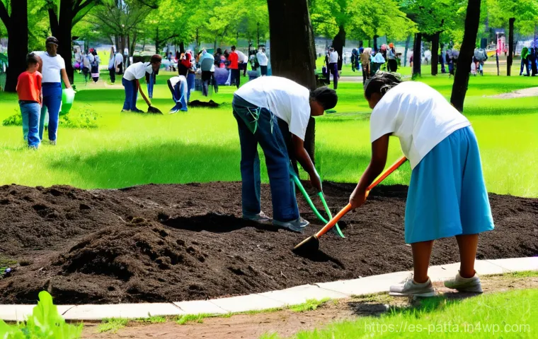 기후 행동 촉진을 위한 현지 캠페인 전략 - A vibrant community event focused on environmental action, set in a sunny urban park. A diverse grou...