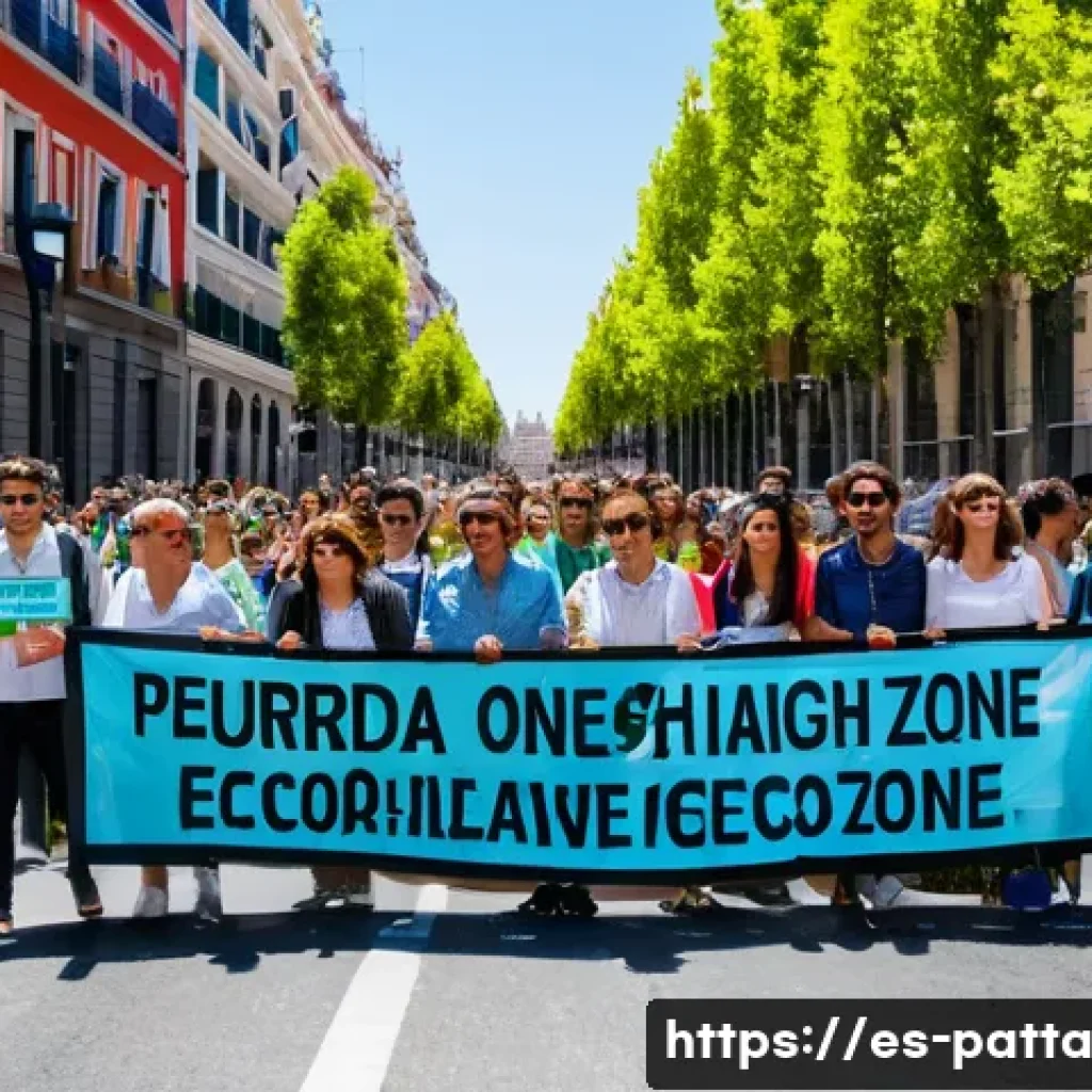 기후 변화와 시민 참여의 실효성 - A vibrant and dynamic street protest in Madrid’s historic center, featuring a diverse group of Spani...