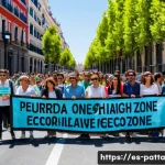 Home 19 기후 변화와 시민 참여의 실효성 - A vibrant and dynamic street protest in Madrid’s historic center, featuring a diverse group of Spani...
