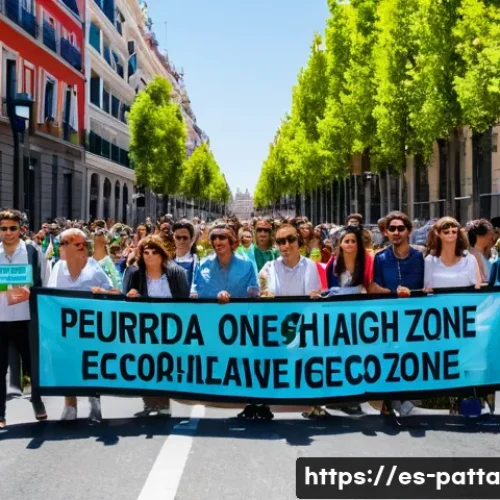 Home 31 기후 변화와 시민 참여의 실효성 - A vibrant and dynamic street protest in Madrid’s historic center, featuring a diverse group of Spani...