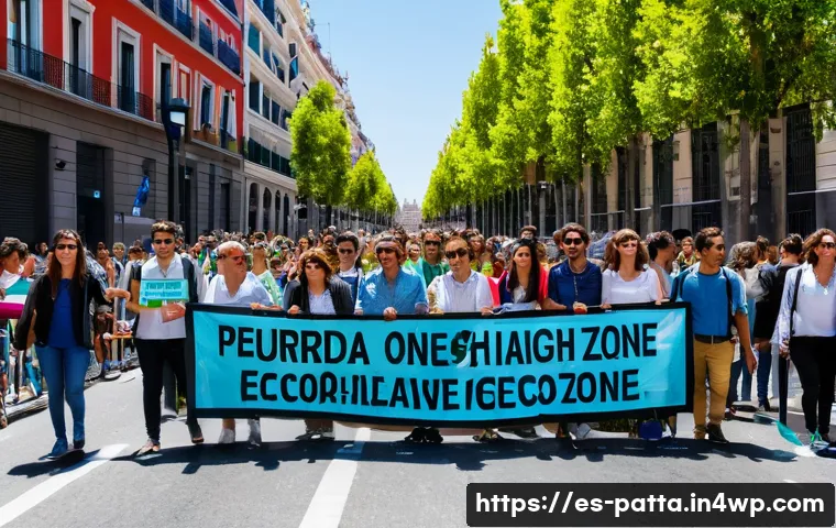 기후 변화와 시민 참여의 실효성 - A vibrant and dynamic street protest in Madrid’s historic center, featuring a diverse group of Spani...