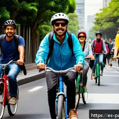 Home 30 기후 위기 해결을 위한 시민의 조치 - A vibrant urban scene in Mexico City showing a diverse group of adults riding bicycles along a dedic...