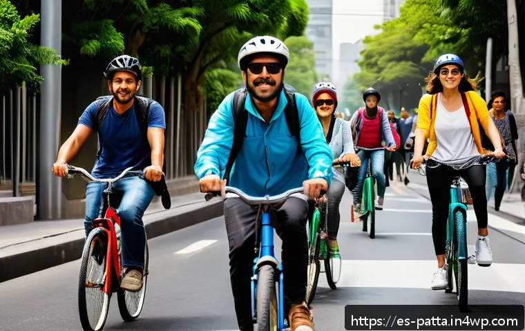 기후 위기 해결을 위한 시민의 조치 - A vibrant urban scene in Mexico City showing a diverse group of adults riding bicycles along a dedic...