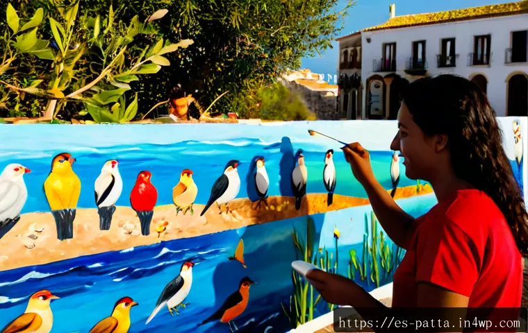 기후 위기 해결을 위한 예술과 문화의 역할 - Photorealistic community art workshop in a sunlit Spanish coastal town, diverse adults and teenagers...